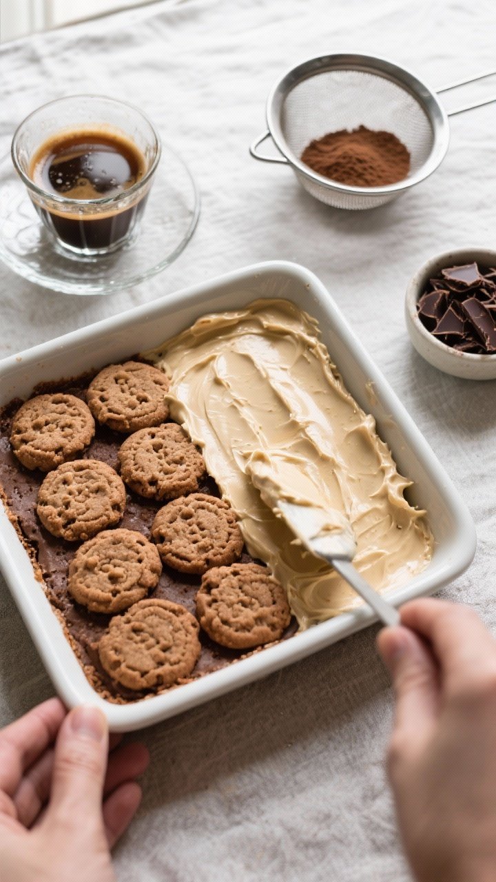 This Vegan Tiramisu with Cashew Cream Will Make You Forget Dairy Exists (No Oven, No Drama) 2 Cooking process overhead: Top-down shot of an 8x8-inch dish mid-assembly—first cookie layer tightl