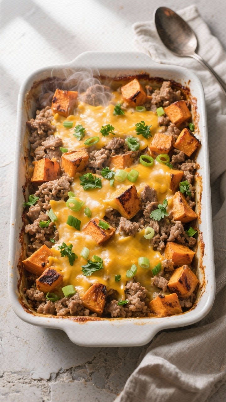 Final casserole top-down: Overhead shot of a 9x13 baked ground turkey sweet potato casserole fresh f
