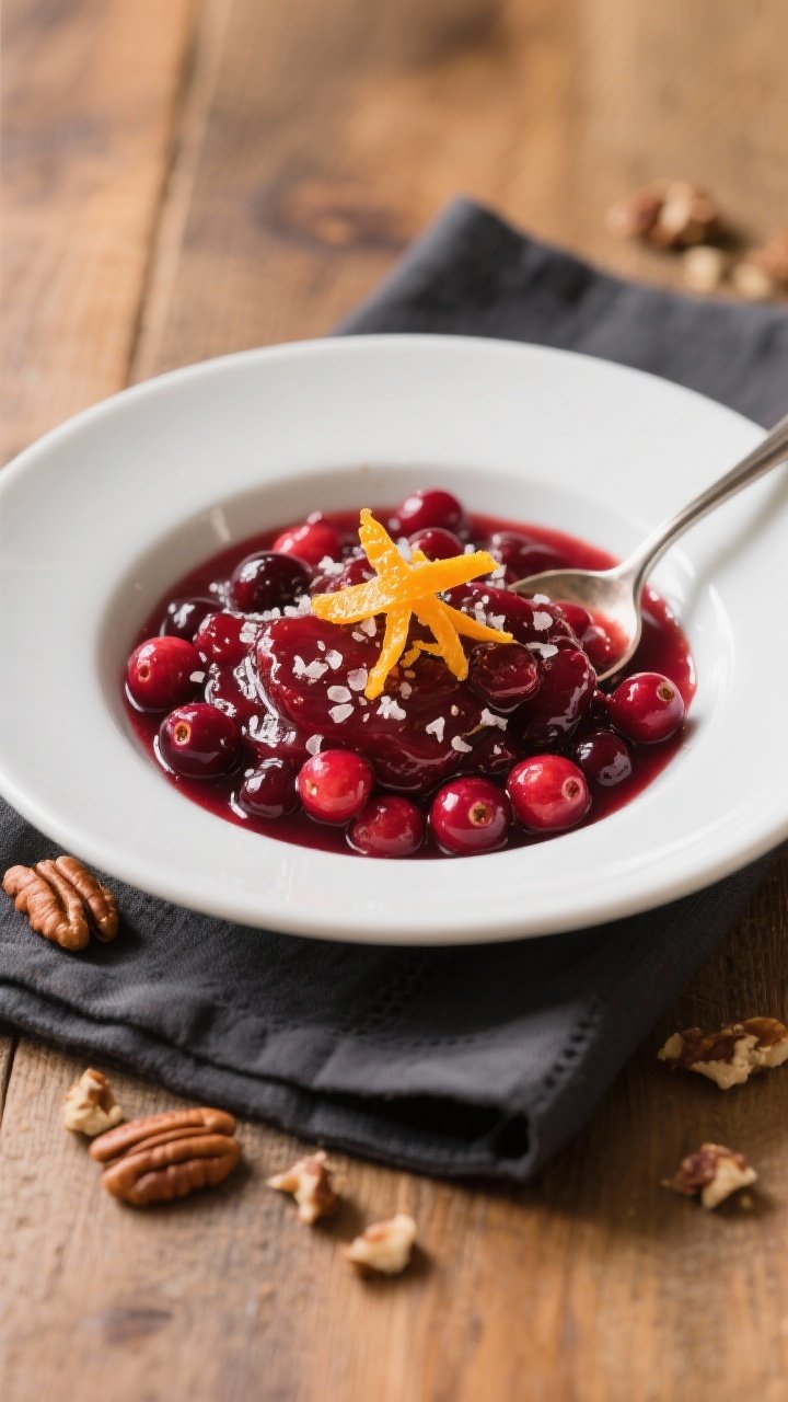 Final dish, close-up detail: A beautifully plated bowl of Orange-Ginger Cranberry Sauce, close-up at