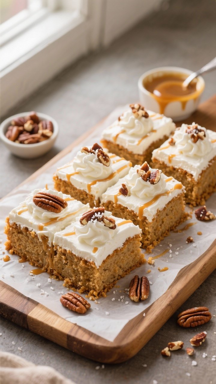 Butter Pecan Praline Poke Cake Recipe 2 Final dish overhead: Chilled Butter Pecan Praline Poke Cake sliced into neat squares on a parchment-