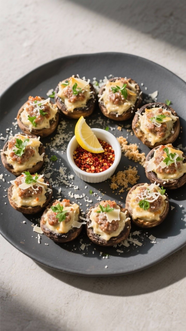 Final dish overhead: Overhead shot of a platter of baked stuffed mushrooms arranged in a tight circu