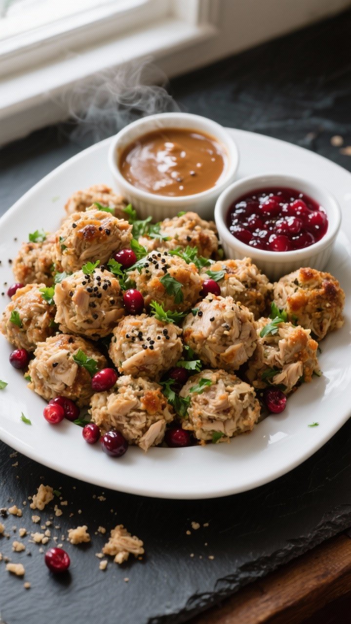Final dish/overhead plated: Overhead shot of a party platter piled with cranberry turkey stuffing ba