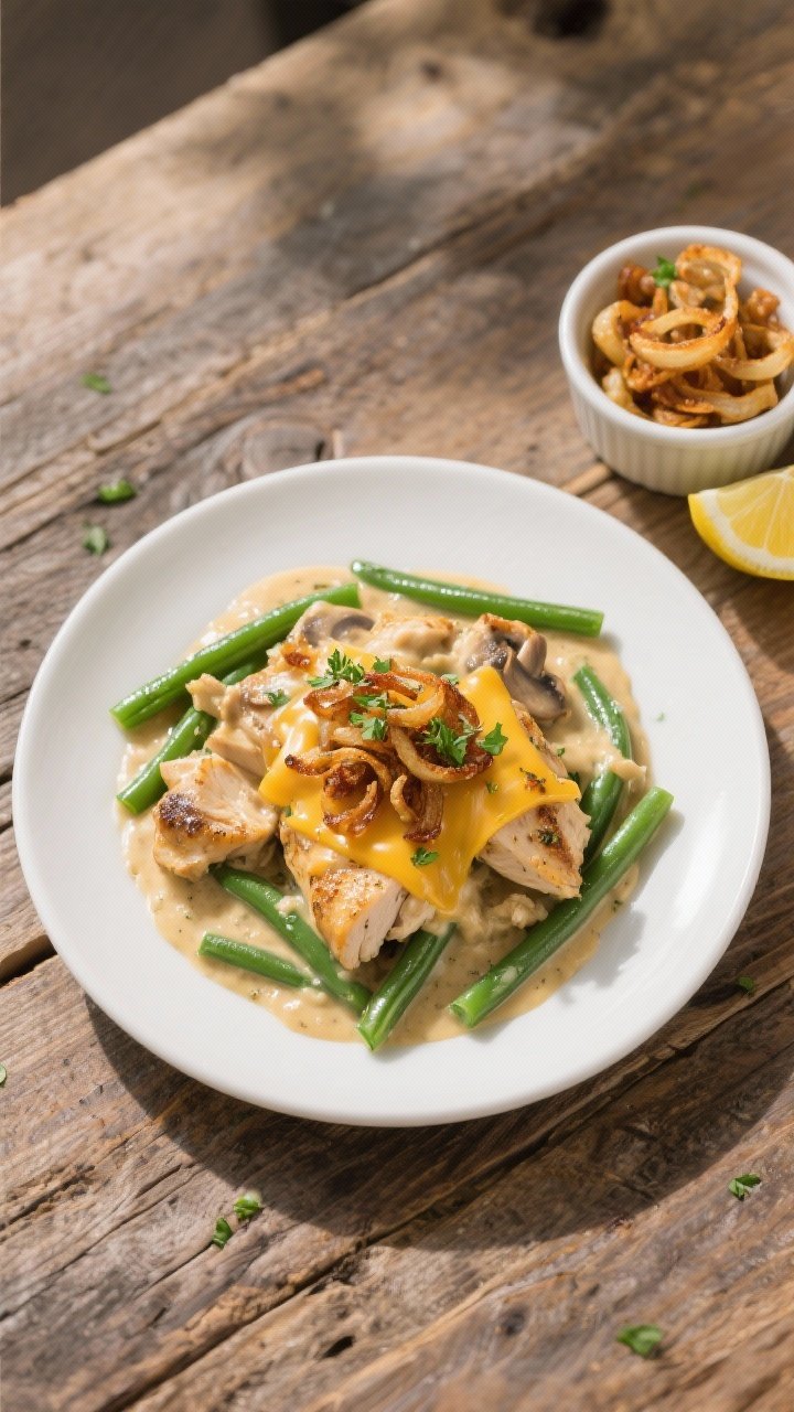 Chicken and Green Bean Casserole Recipe That Breaks the Internet (and Your Dinner Rut) 2 Final dish/overhead presentation: Top-down shot of a neatly plated serving of Chicken and Green Bean