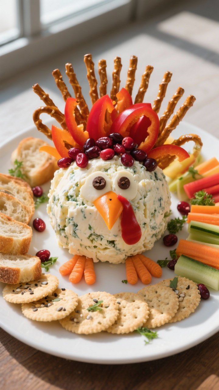 Final dish, overhead showstopper: Overhead shot of the completed Thanksgiving Turkey Cheese Ball cen