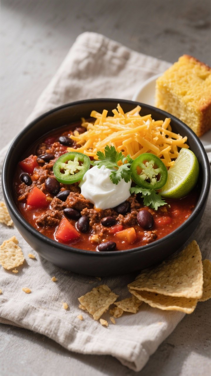 Final dish overhead: Top-down shot of a thick, beefy crockpot chili ladled into a wide matte-black b