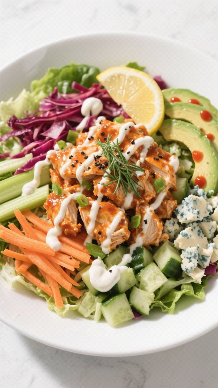 High Protein Buffalo Chicken Salad That Hits Like a Cheat Meal (But Isn’t) 2 Final dish, overhead top view: High Protein Buffalo Chicken Salad fully assembled in a wide white sh