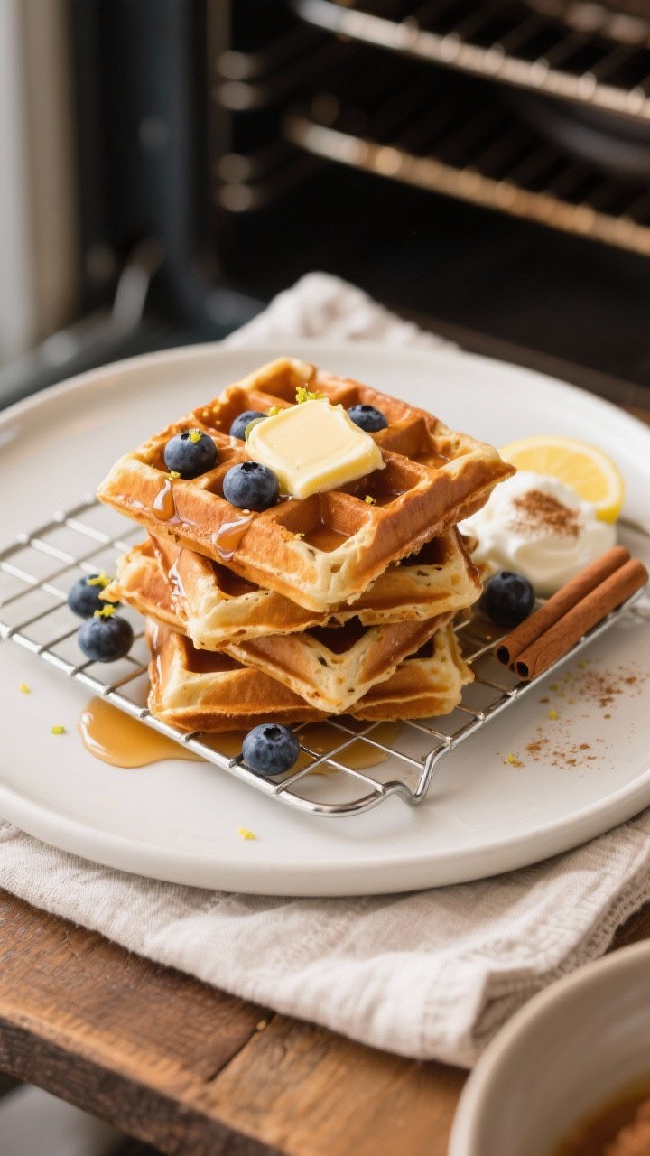 Final dish, overhead top view: Stack of sourdough discard waffles held crisp on a wire rack then pla