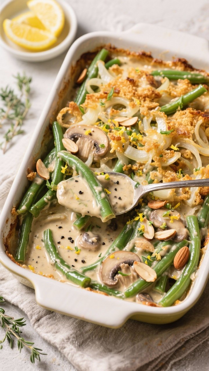 Healthy Green Bean Casserole (without canned cream of mushroom) That’ll Outsmart Your Holiday Table 2 Final dish, tasty : Overhead shot of Healthy Green Bean Casserole in a 9x13 baking dish, vibrant bla