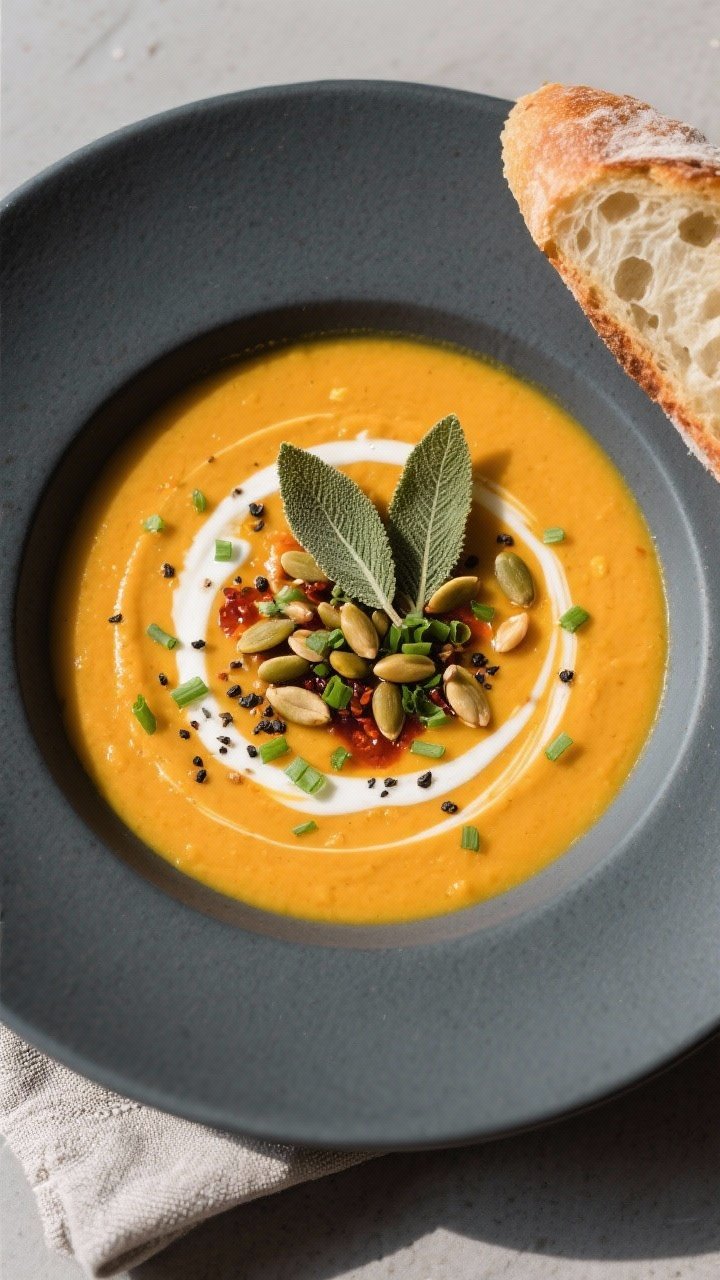 Final dish, tasty top view: Overhead shot of a beautifully plated bowl of butternut squash–sweet p