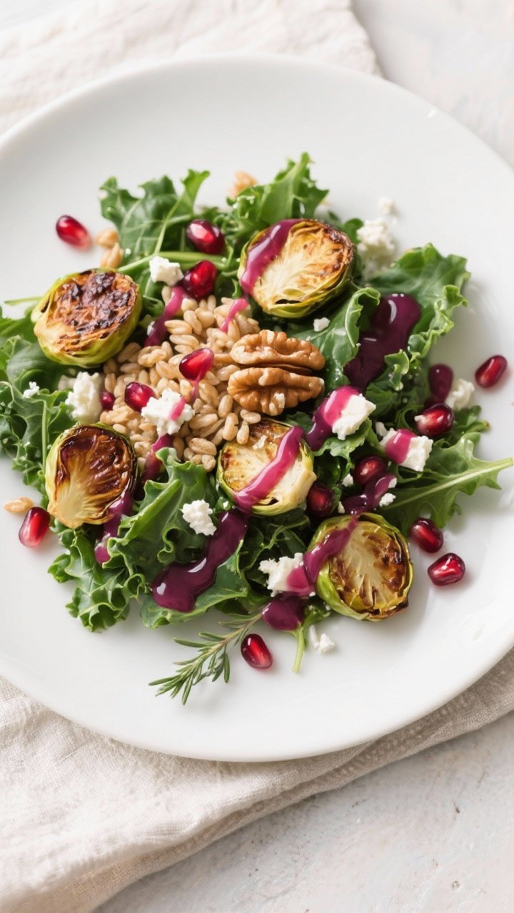 Final dish, tasty top view: Overhead shot of a composed salad drizzled with the pomegranate vinaigre