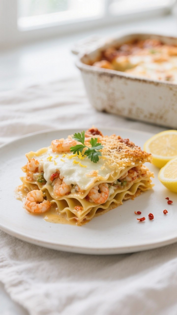 Garlic Butter Shrimp Scampi Lasagna: The Golden, Cheesy, Lemon-Laced Showstopper You Didn’t Know You Needed 2 Final dish, tasty top view: Overhead shot of a rested slice of Garlic Butter Shrimp Scampi Lasagna o