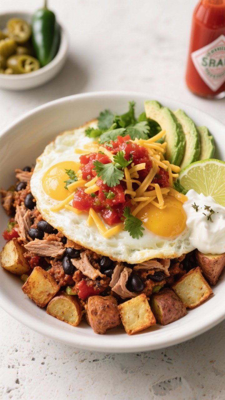 Final dish, tasty top view: Overhead shot of a Tex-Mex breakfast bowl layered for texture—crispy r