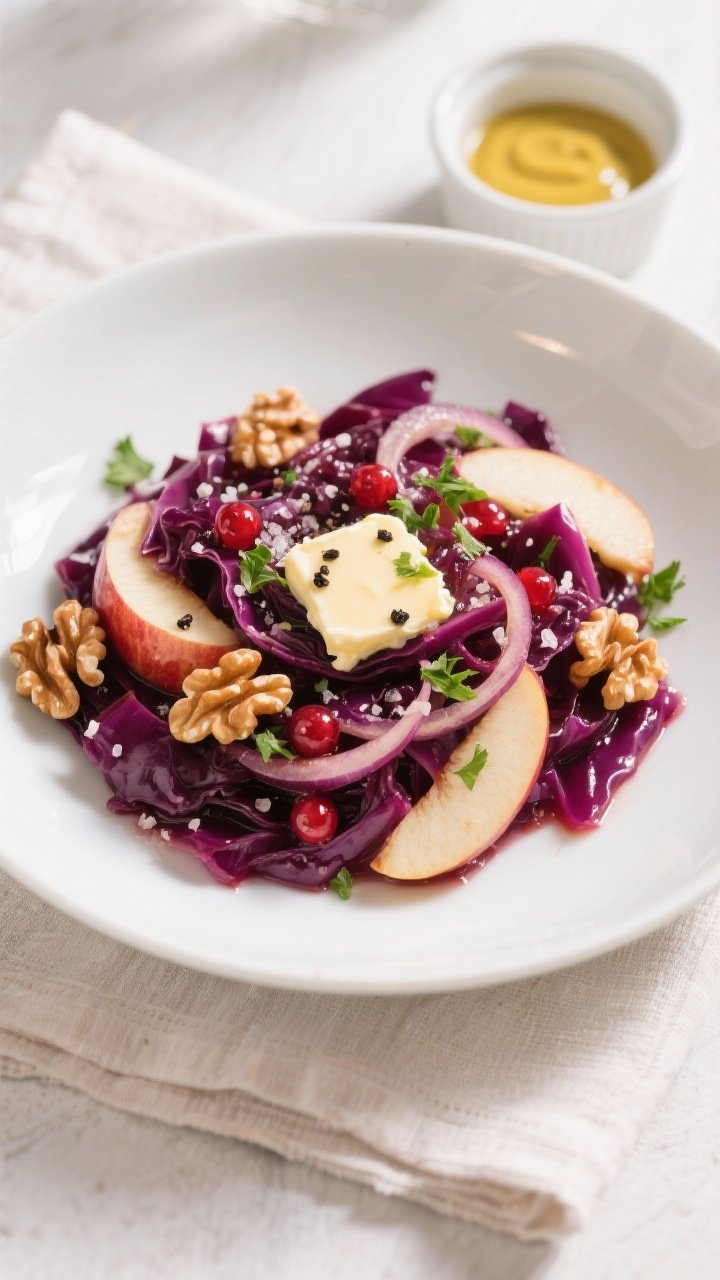 This Braised Red Cabbage and Apples Will Steal the Spotlight (And Your Dinner Guests’ Hearts) 2 Final dish, tasty top view: Overhead shot of braised red cabbage and apples plated in a wide white s