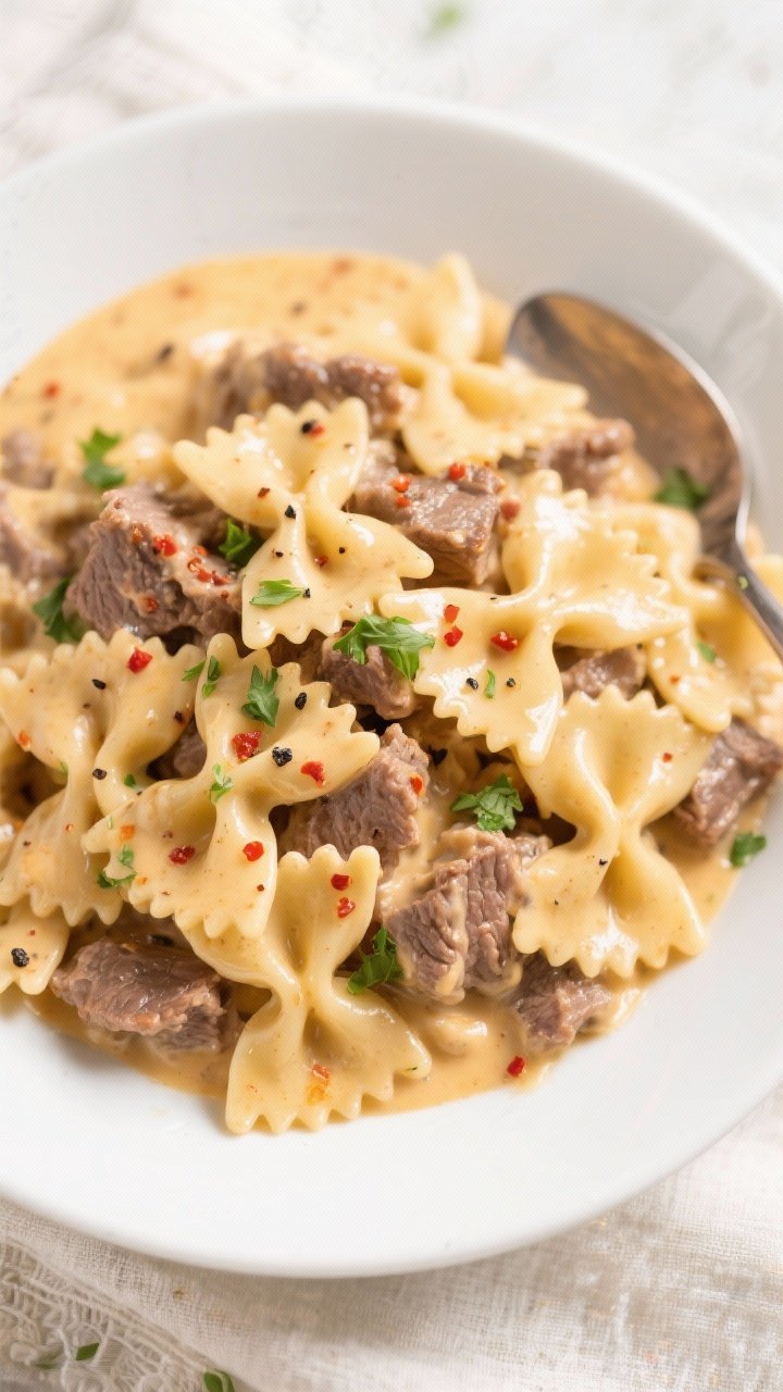 Stop Overthinking Dinner: Creamy Velveeta Beef and Bowtie Pasta That Wins Every Weeknight 2 Final dish, tasty top view: Overhead shot of creamy Velveeta beef and bowtie pasta piled in a wide,