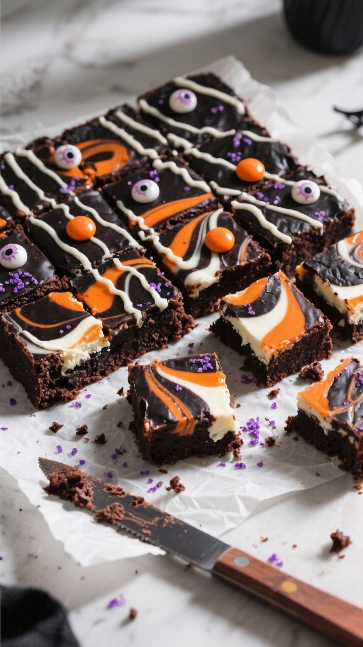 Haunted Swirls: Halloween Cream Cheese Swirl Brownies That Disappear Faster Than Candy 2 Final dish, tasty top view: Overhead shot of fully baked and sliced Halloween cream cheese swirl bro