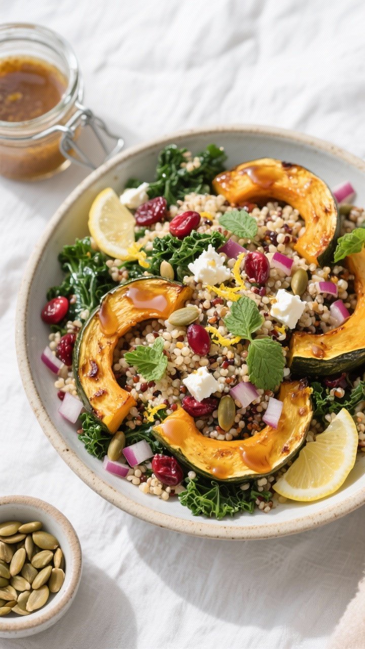 Maple-Roasted Delicata Squash Quinoa Salad That’ll Make You Forget You Ever Liked Boring Lunch 2 Final dish, tasty top view: Overhead shot of Maple-Roasted Delicata Squash Quinoa Salad in a wide, s