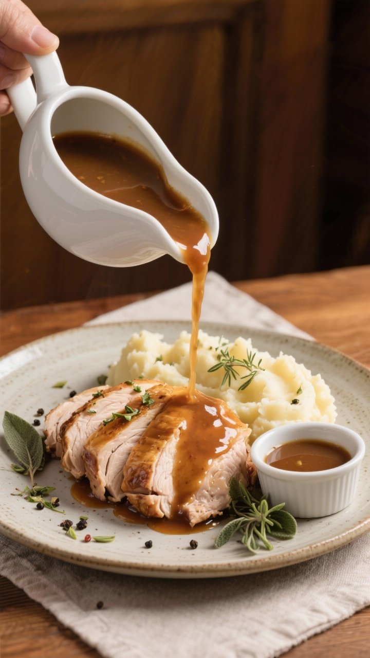 Final dish, top view: Overhead shot of a matte-white gravy boat pouring a velvety, medium-thick turk