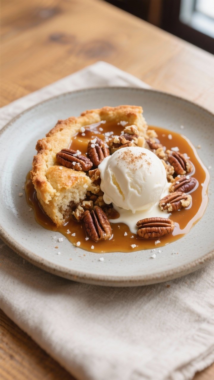 Final dish, top view: Overhead shot of a plated serving of pecan pie cobbler with a scoop of slowly 