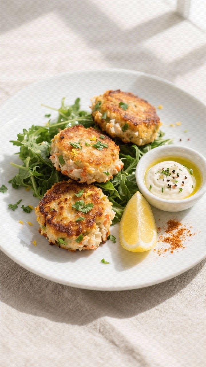 Crab Cakes with Canned Crab Meat That Taste Like a Coastal Vacation (Without the Price Tag) 2 Final dish, top view: Overhead shot of three pan-fried crab cakes plated on a matte white plate over