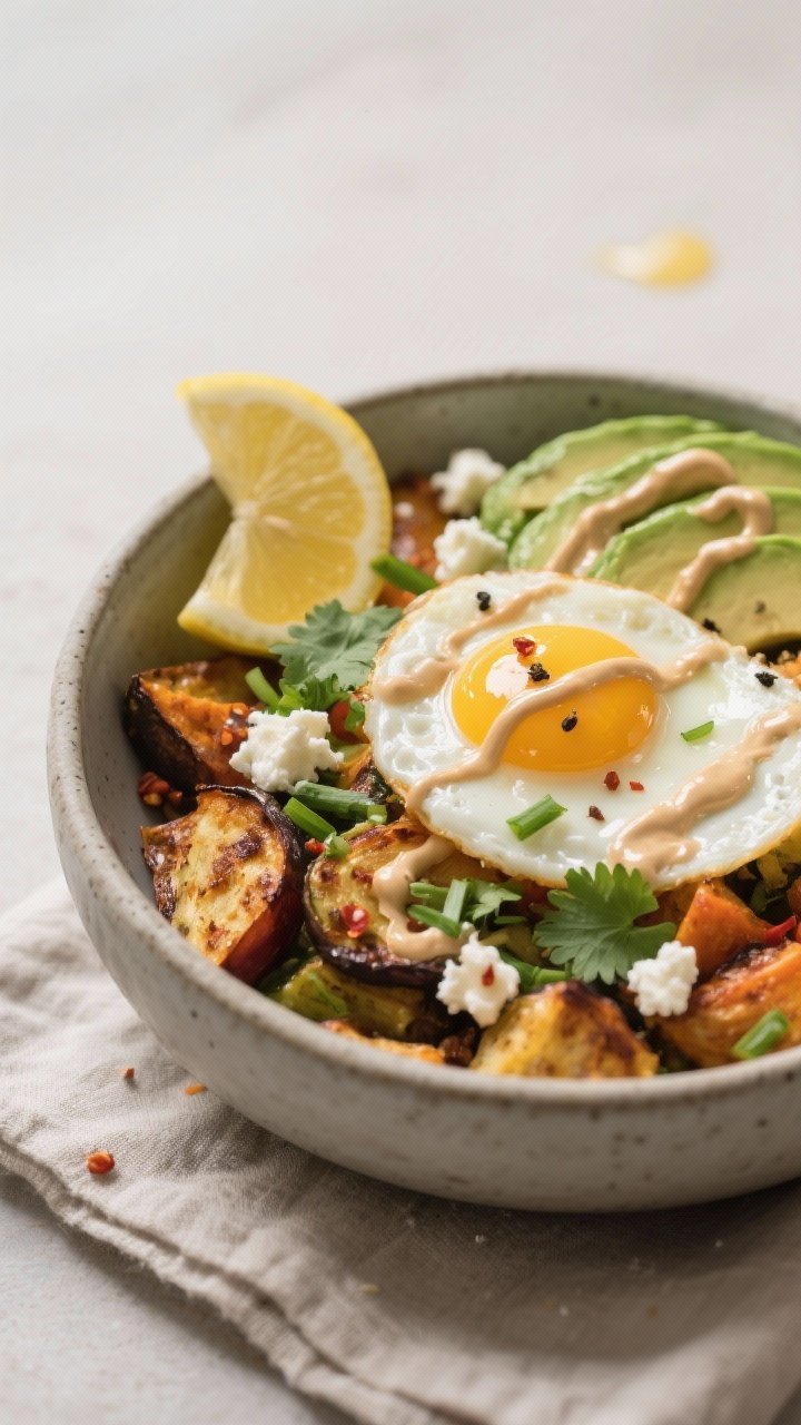 Roasted Veggie Breakfast Bowl That Slaps: Crispy, Creamy, Protein-Packed Fuel in 20 Minutes 2 Final plated bowl, : close-up three-quarter view of the assembled Roasted Veggie Breakfast Bowl in a