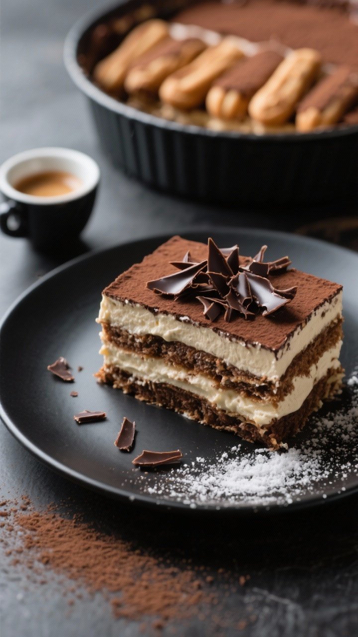 Final plated hero shot: Overhead view of a chilled Chocolate Tiramisu with Cocoa Layers, clean slice