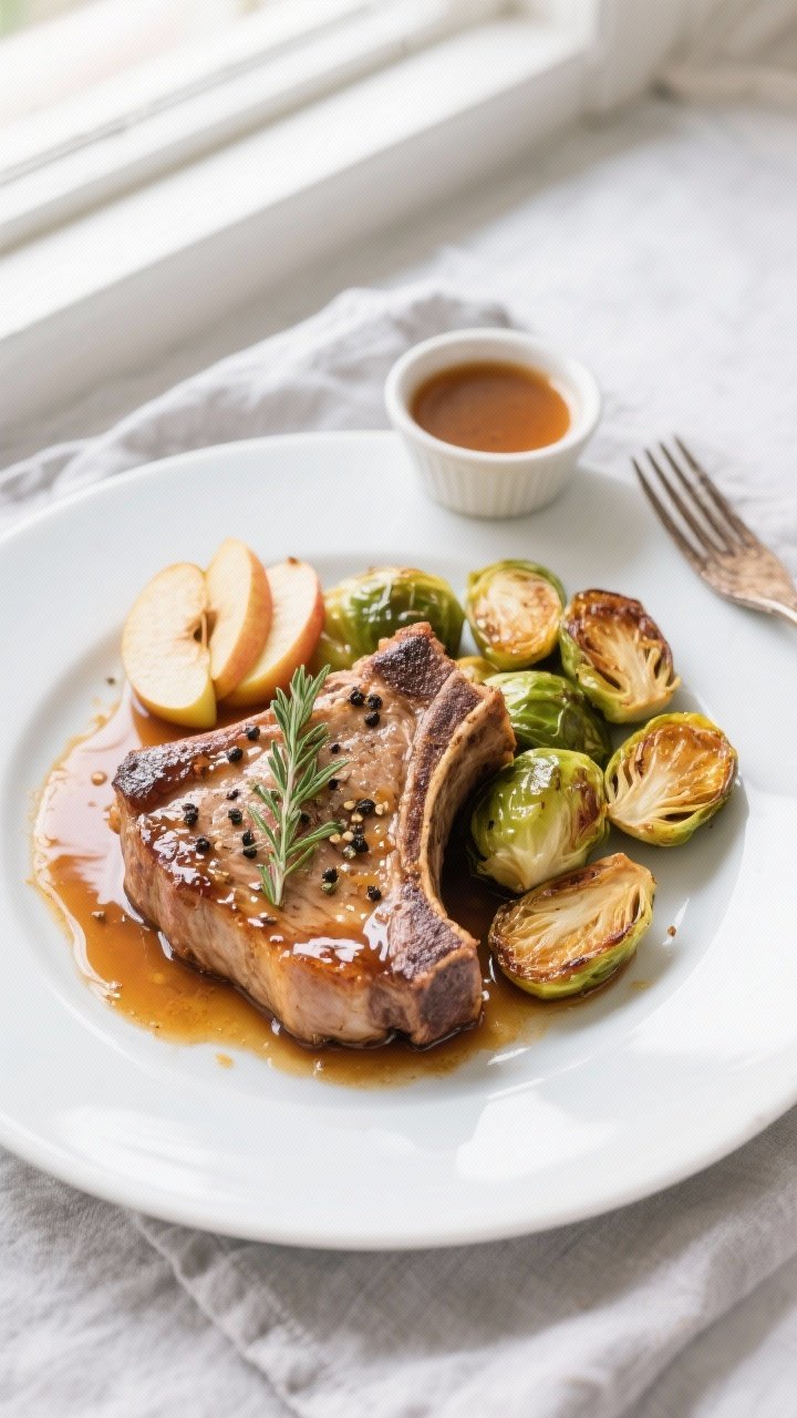 Easy Apple Cider Pork Chops with Brussels Sprouts: The 30-Minute Fall Dinner That Tastes Like a Weekend Flex 2 Final plated overhead: Beautifully plated apple cider pork chops with Brussels sprouts on a matte wh