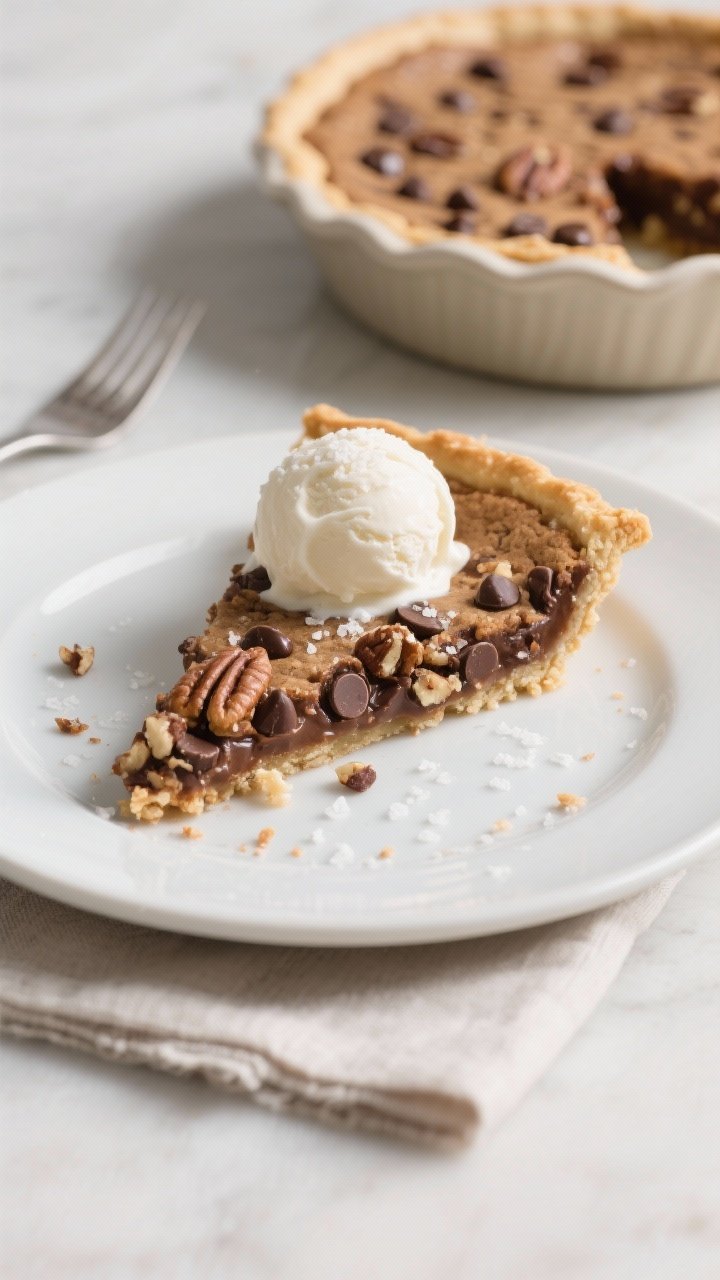 Final plated/overhead hero shot: Overhead shot of a warm slice of Toll House chocolate chip pie on a