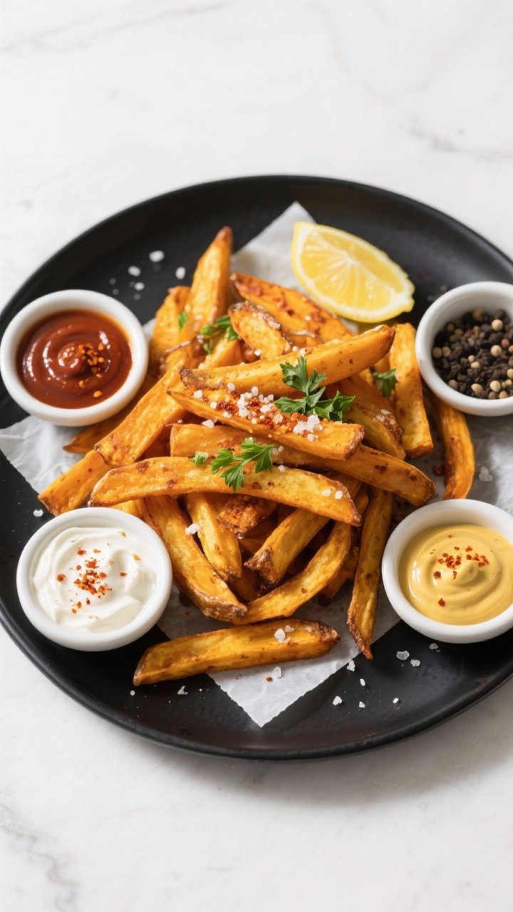 Final plated, overhead shot: Golden-brown butternut squash fries piled high on a parchment-lined mat
