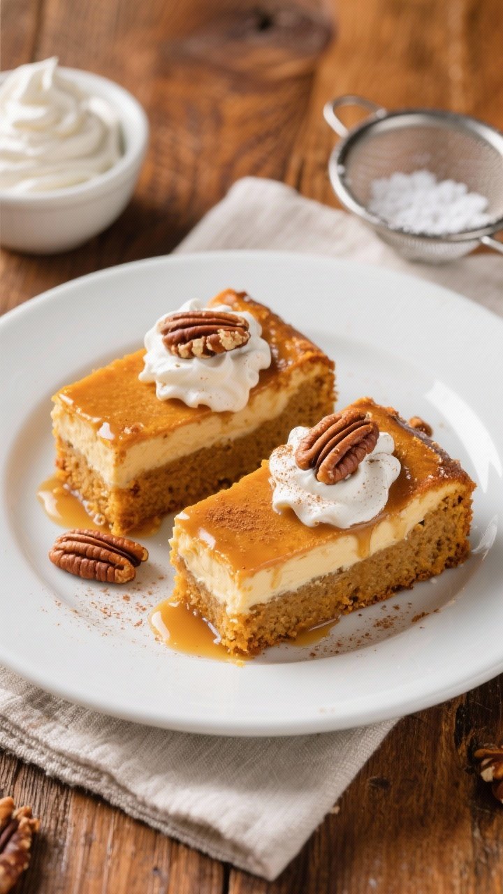 Final plated overhead shot: Restaurant-quality presentation of two neatly chilled slices of Pumpkin 