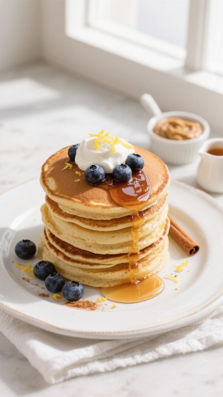 Protein Pancakes with Protein Powder: The Fluffy, Muscle-Building Stack You’ll Actually Crave 2 Final plated overhead: Tall stack of fluffy, golden protein pancakes on a white ceramic plate with a