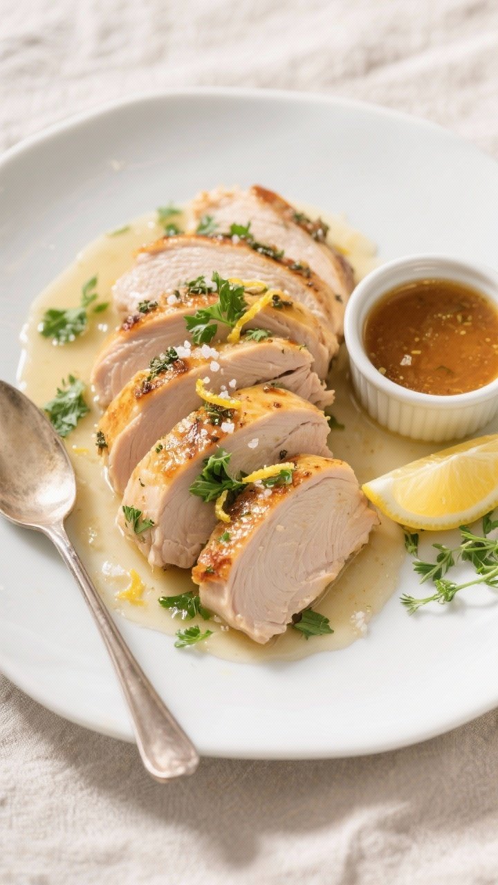 Roasted Garlic & Herb Turkey Breast That Breaks the Internet (And Your Dinner Rut) 2 Final plated, tasty top view: Overhead shot of sliced roasted garlic & herb turkey breast arranged i