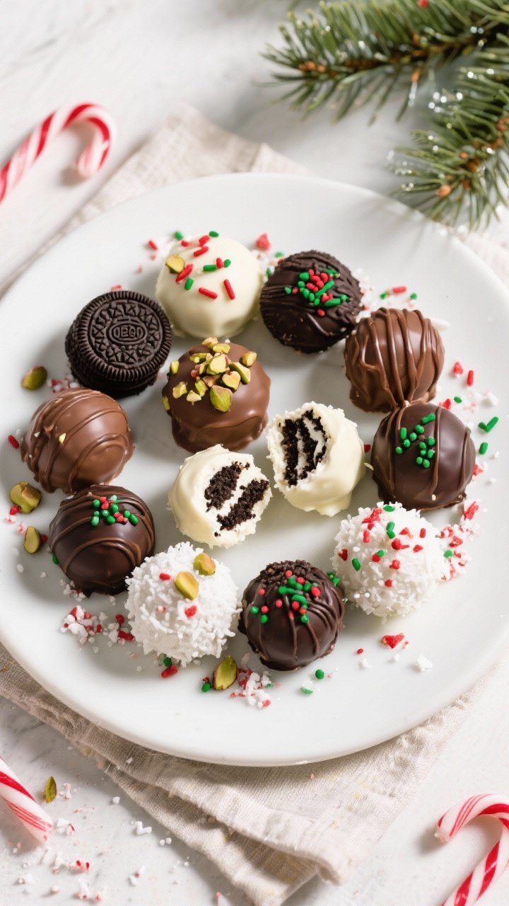 Christmas Oreo Balls Recipe: 3 Ingredients, Zero Stress, Crowd Goes Wild 2 Final platter, tasty top view: Overhead shot of a festive assortment of finished Christmas Oreo Ball