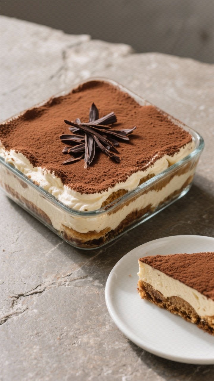Final presentation overhead: An immaculate top-down shot of a chilled, set tiramisu just dusted with