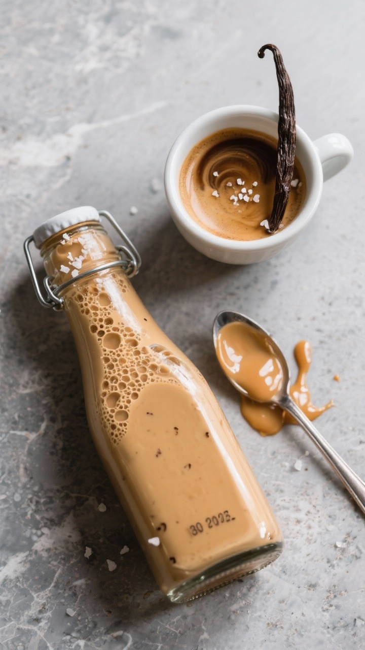 Make This Ridiculously Good Vanilla Caramel Coffee Creamer at Home 2 Final presentation overhead: Overhead shot of a glass bottle and a small jar of vanilla caramel coff