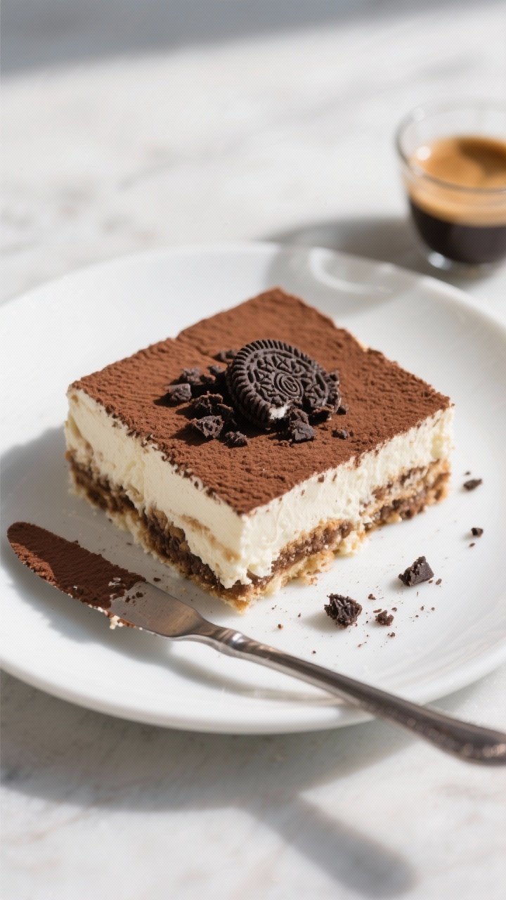 Final presentation overhead: Perfectly squared slices of Oreo Tiramisu on a matte white plate, top d