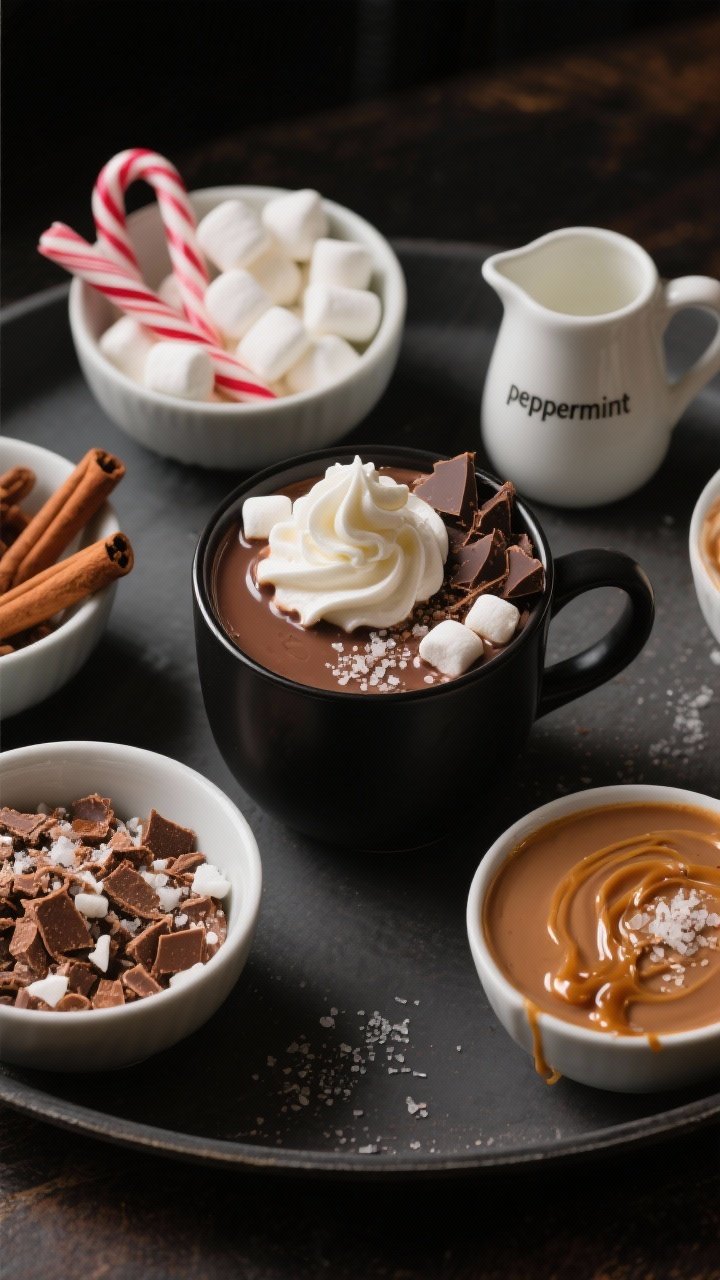 Crock Pot Hot Chocolate Recipe That Breaks the Internet: Ultra-Creamy, Crowd-Feeding, Zero-Stress Cocoa 2 Final presentation overhead shot: Crowd-ready hot chocolate bar setup with a central matte-black mug