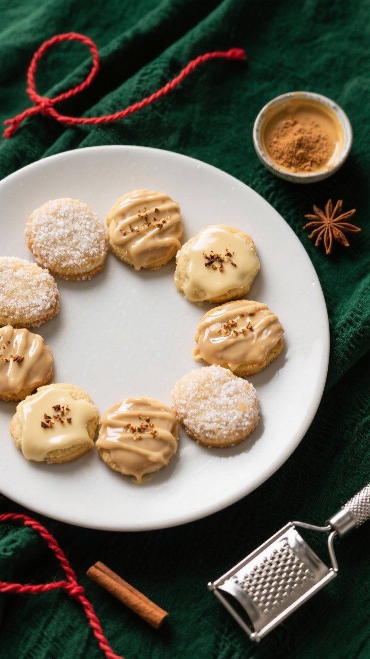 Final presentation overhead shot: Glossy eggnog-glazed Christmas cookies arranged in a neat circle o