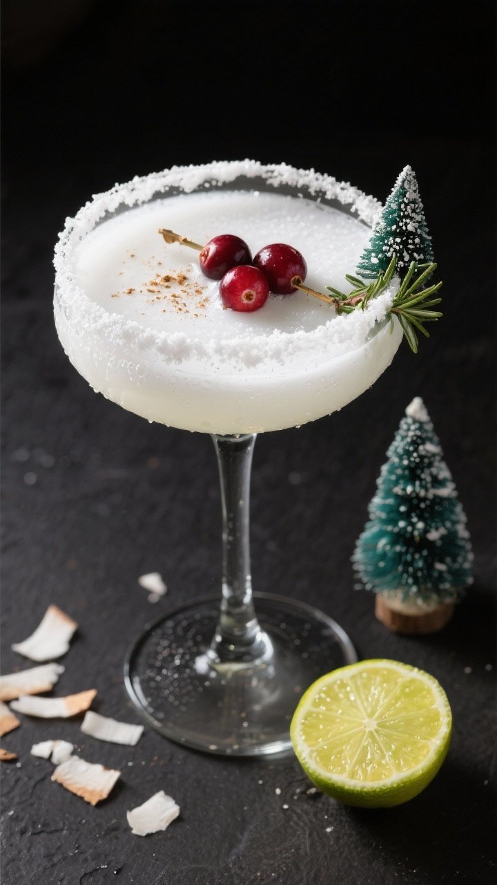 The White Christmas Margarita Recipe That Breaks the Internet (Creamy, Coconutty, Unbelievably Festive) 2 Final presentation, tasty top view: Overhead shot of a finished white Christmas margarita in a chill