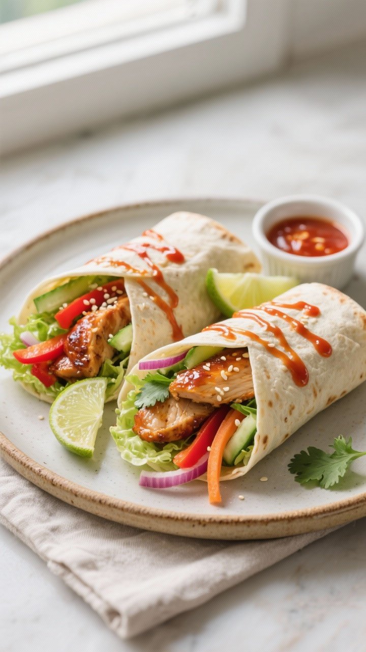 This Sweet Chilli Chicken Wrap Will Ruin Boring Lunches Forever 2 Final wrap presentation, overhead: Two sweet chilli chicken wraps sliced on the diagonal, cross-sect