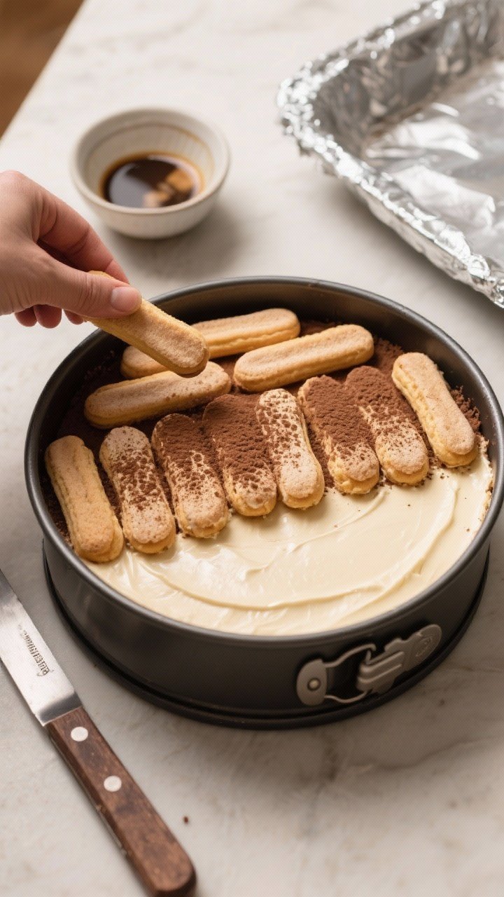 Tiramisu Cheesecake Recipe That Breaks the Internet: Creamy, Boozy, and Unreasonably Good 2 Overhead cooking process shot: Ladyfingers being quickly dipped and arranged in a snug layer over th