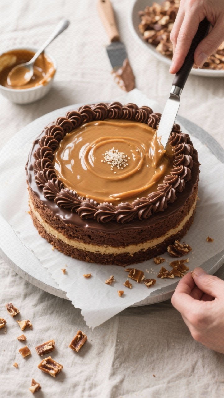 This Chocolate Caramel Toffee Crunch Cake Will Ruin All Other Desserts 2 Overhead cooking-process shot of final assembly: the second cake layer about to go on, with a neat g
