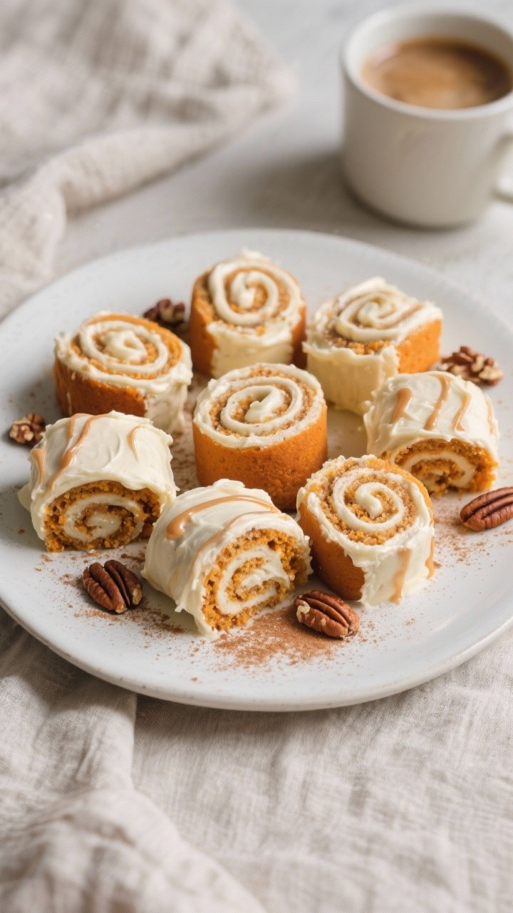 Overhead final dish presentation: Tasty top-down shot of a platter of mini pumpkin rolls generously 
