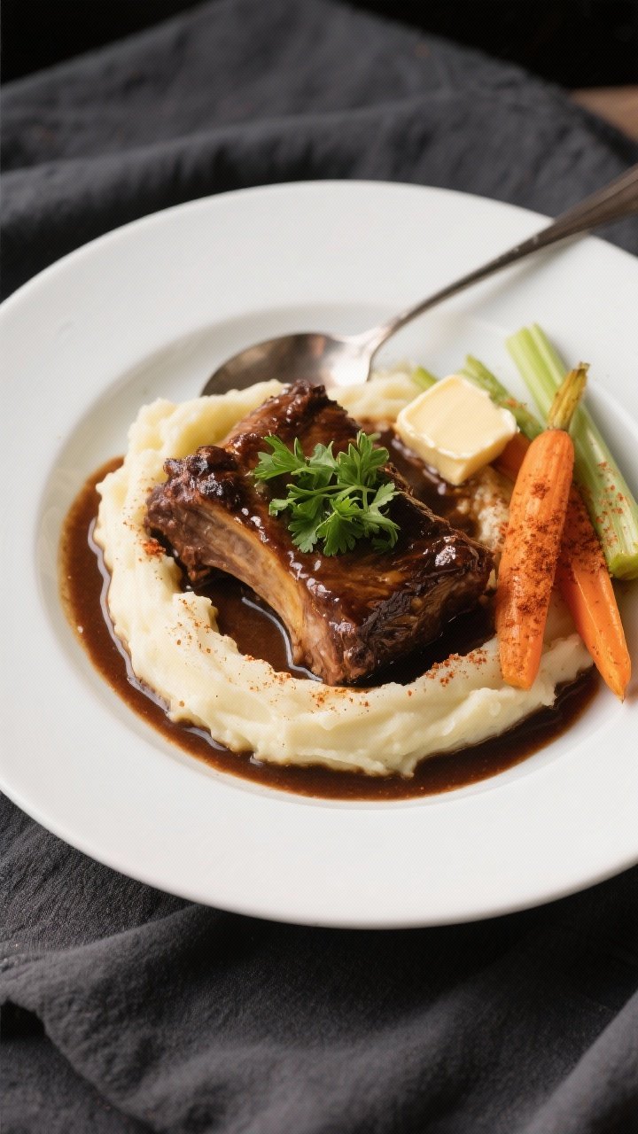 Braised Beef Short Ribs Crockpot: The “Set-It-and-Flex” Dinner That Tastes Like You Hired a Chef 2 Overhead final plate: Restaurant-quality presentation of braised short ribs over creamy mashed potat