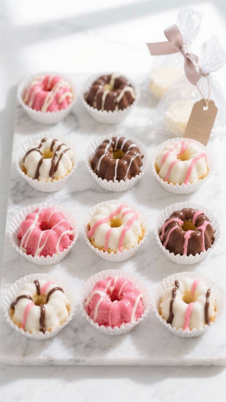 Mini Neapolitan Bundt Cakes – Perfect for Gifting: Bite-Sized Showstoppers That Make You Look Like a Pro 2 Overhead final presentation: A tidy grid of 9 mini Neapolitan Bundt cakes on a white marble slab, ea