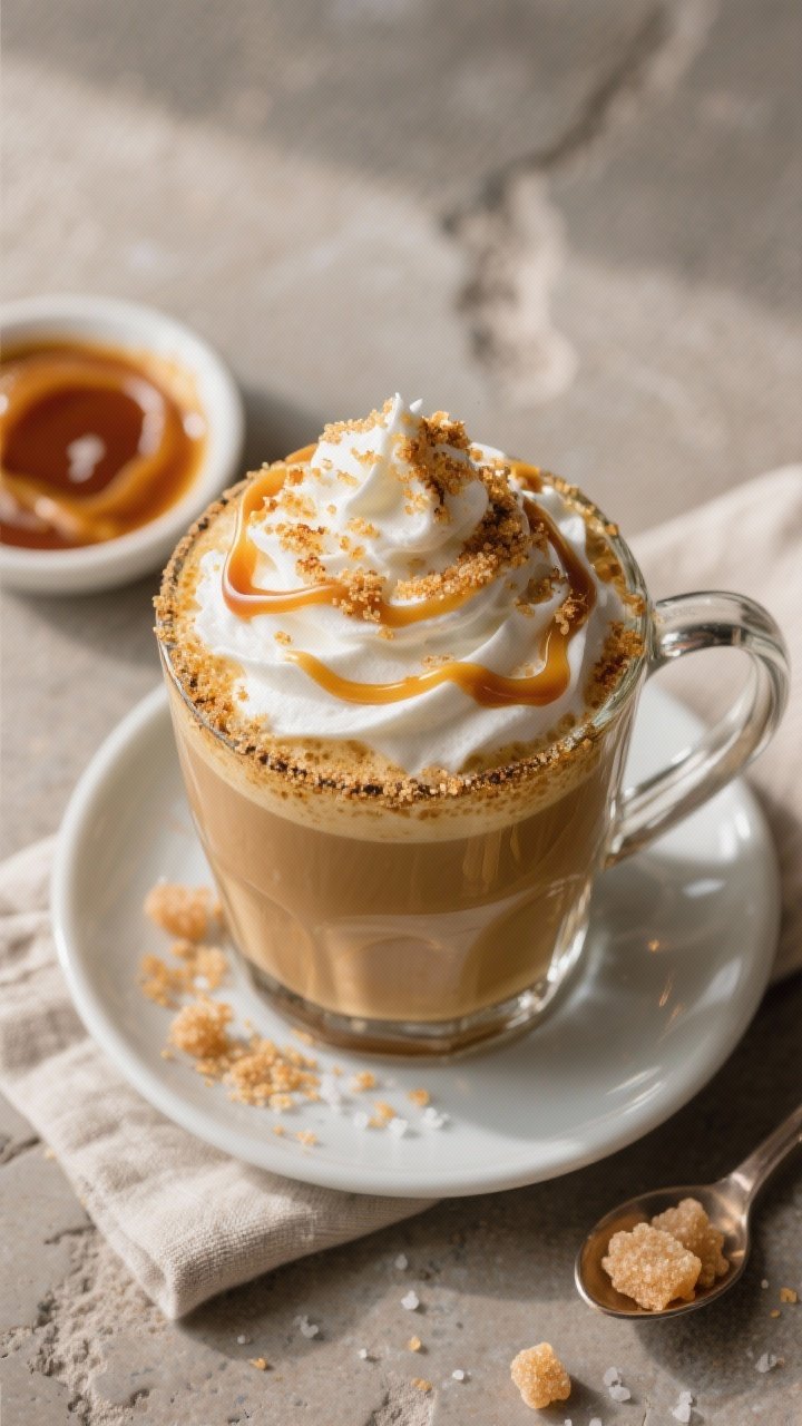 Starbucks Christmas Drinks Recipes: Make-At-Home Festive Sips That Taste Like Holiday Magic 2 Overhead final presentation: Caramel Brulée Latte in a wide glass mug, topped with pillowy whipped