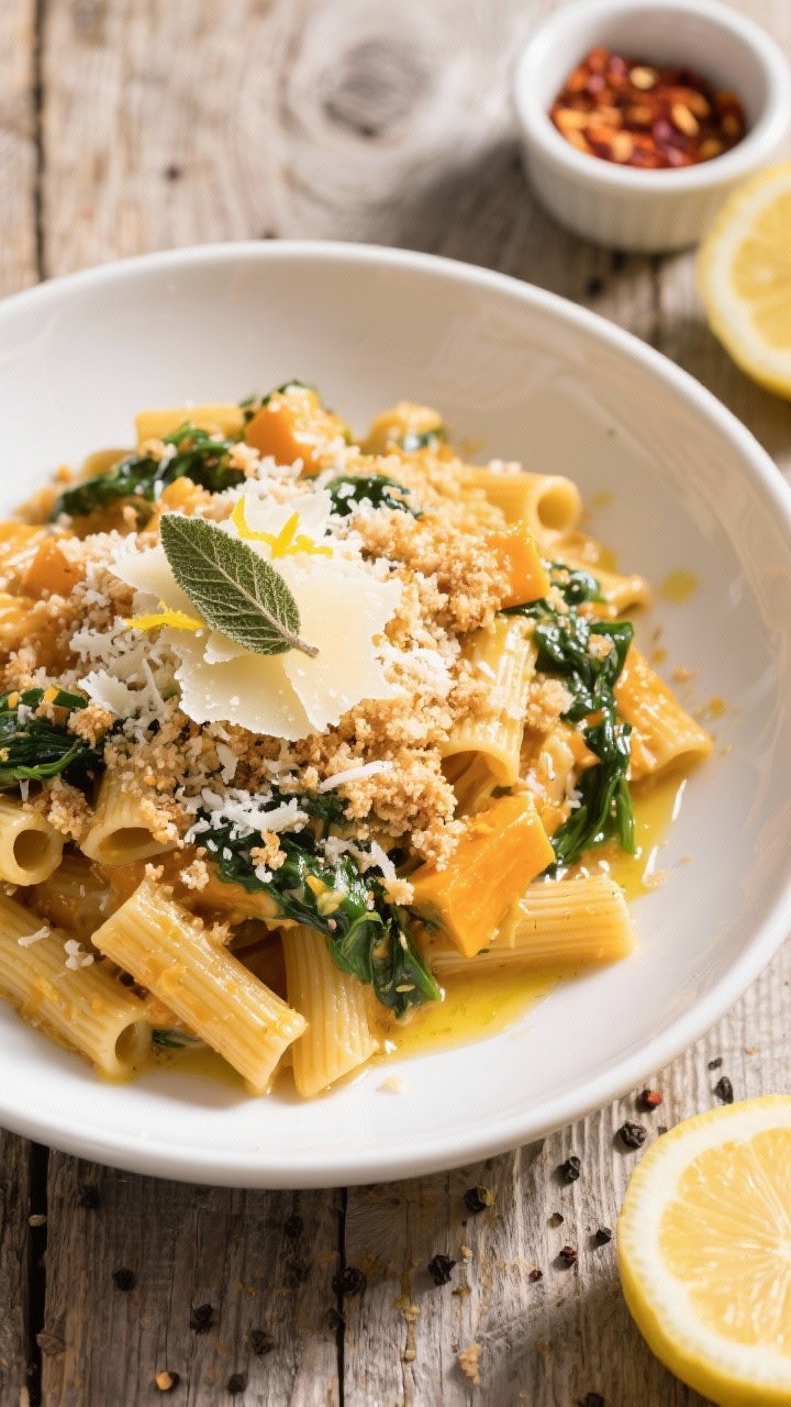 Overhead final presentation: Cheesy Butternut Squash & Spinach Pasta in a wide, shallow white bowl, 