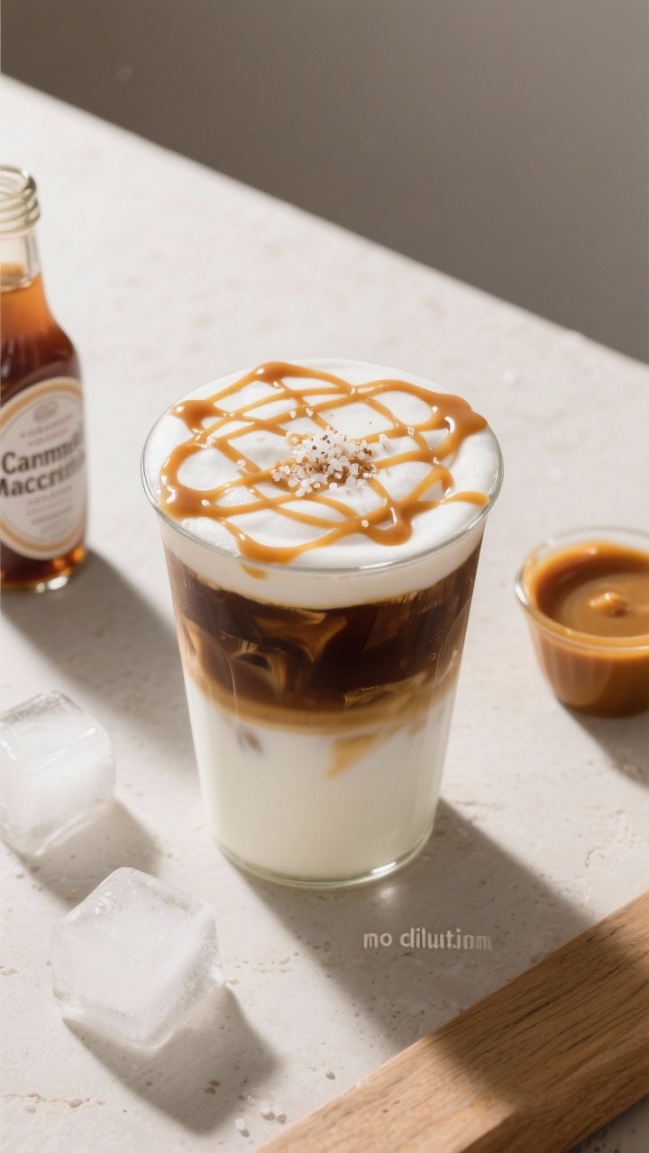 Homemade Iced Caramel Macchiato That Tastes Like a $7 Coffee... Without the $7 2 Overhead final presentation: of a finished iced caramel macchiato with perfect layers—milk at the