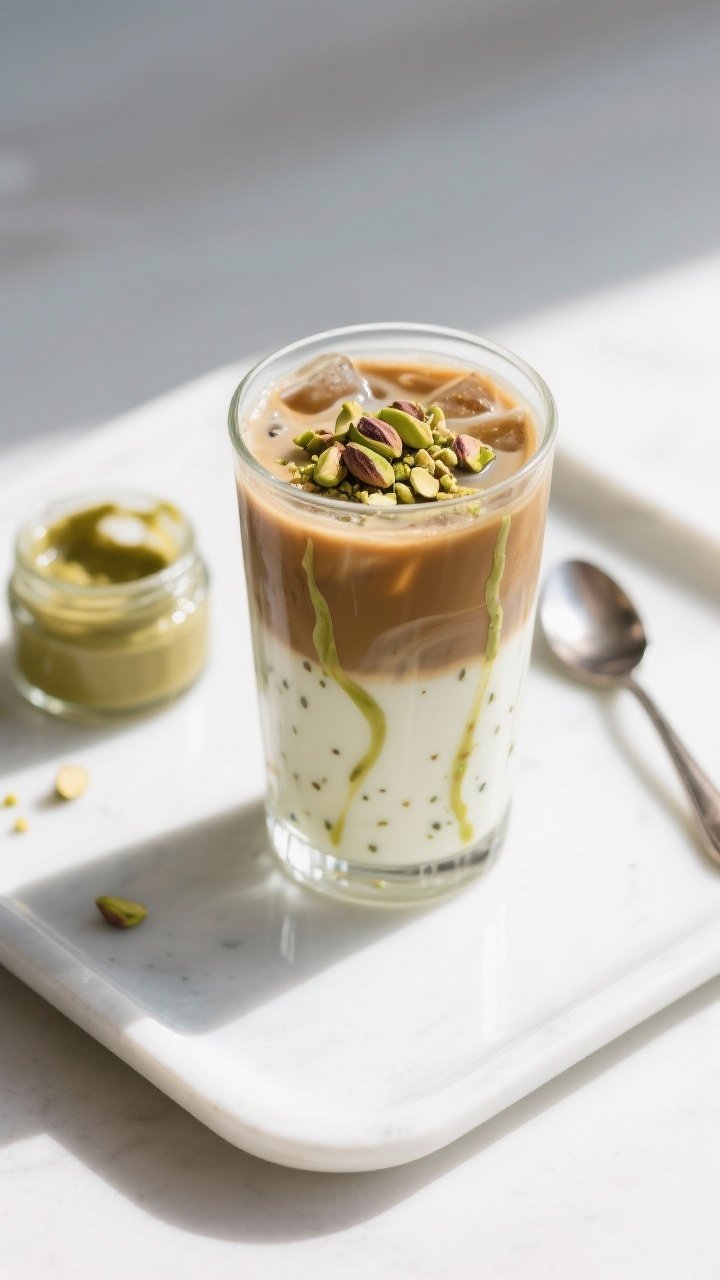 Pistachio Iced Latte: The Creamy, Crunchy, Coffee Hack Your Afternoon Is Begging For 2 Overhead final presentation: of a finished pistachio iced latte in a clear highball glass, evenly la