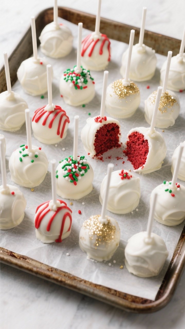 Christmas Red Velvet Cake Pops Recipe That Steal the Party: Bite-Sized Joy on a Stick 2 Overhead final presentation of a full tray of finished Christmas red velvet cake pops arranged like