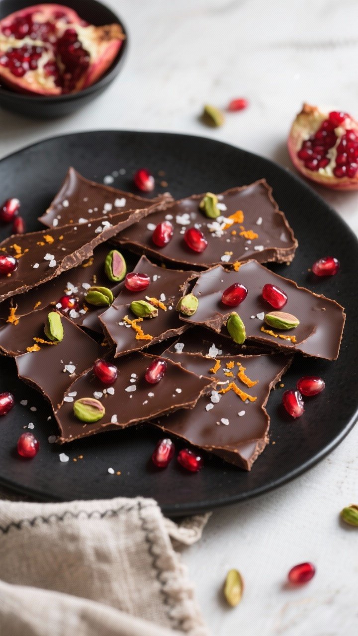 Dark Chocolate Pomegranate Bark That Looks Luxe, Tastes Decadent, and Takes 15 Minutes 2 Overhead final presentation of dark chocolate pomegranate bark arranged in overlapping rustic shards